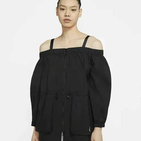 Air Jordan Off-Shoulder Utility Jacket Waist Long Sleeves Black - Picture 1 of 16